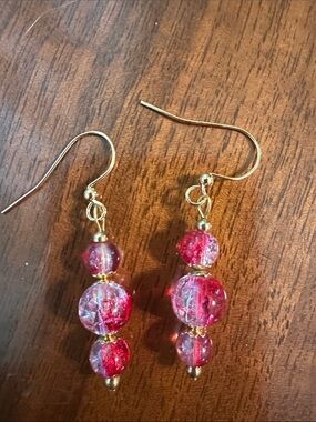Gold Hook Pinkish Red & Clear Glass Bead Dangle Earrings